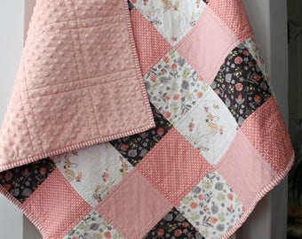 Baby Girl Quilt~ Coral Nursery~ Woodland Nursery Bedding~ Patchwork Baby Quilt~ Homemade Baby Quilt~Pink & Grey Nursery~Baby Quilts For Sale