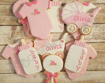 12 Baby Girl Sugar Cookies - Baby Girl Shower Dessert - Girl Baby Shower Favors - Baby Girl Baby Shower Cookies - Baby Girl Cookies