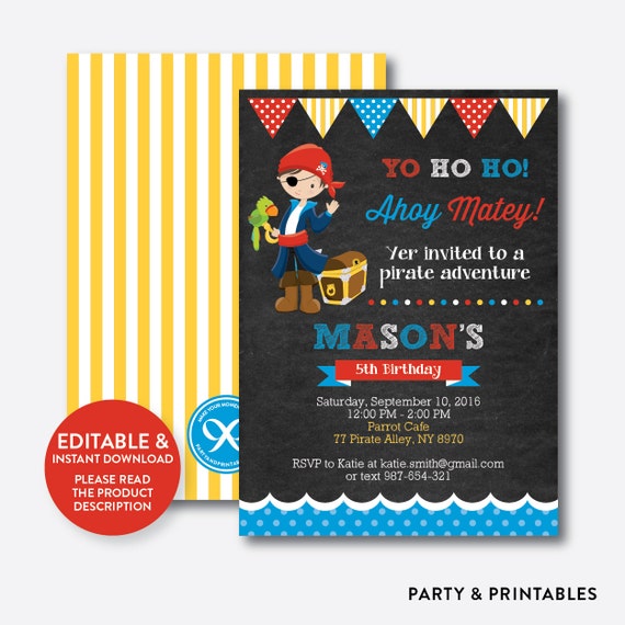 Instant Download, Editable Pirate Birthday Invitation, Pirate Invitation, Pirate Party Invitation, Pirate Boy Invitation, Chalkboard(CKB.47) Il_570xn