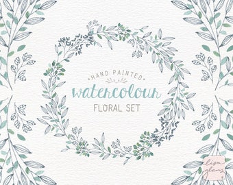 Watercolor floral set: handpainted floral clipart / Wedding invitation clip art / Mint and grey floral wreath / commercial use / CM0076i