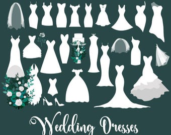 Wedding Dresses Clipart, Wedding dress clip art vectors, bridal veils, png eps wedding cake, white rose bouquet digital instant download