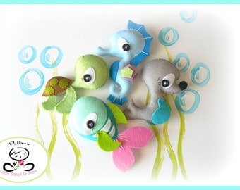 Splash-Sea Animals set of Four-PDF sewing pattern-Seahorse-Seal-Turtle-Fish-Ocean Animals ornaments-Nursery decor-Baby's mobile toy