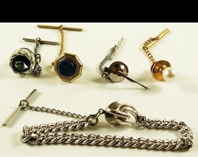 Storewide 25% Off SALE Vintage Set of Five Eclectic Tie Tacks in Various Designs & Shapes, each Featuring Unusual Rare Designs and Assorted