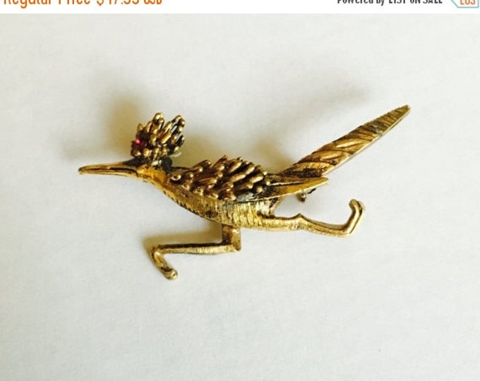 Storewide 25% Off SALE Vintage Gold Tone Petite Roadrunner Cocktail Brooch Pin Featuring Red Rhinestone Birds Eye Accent