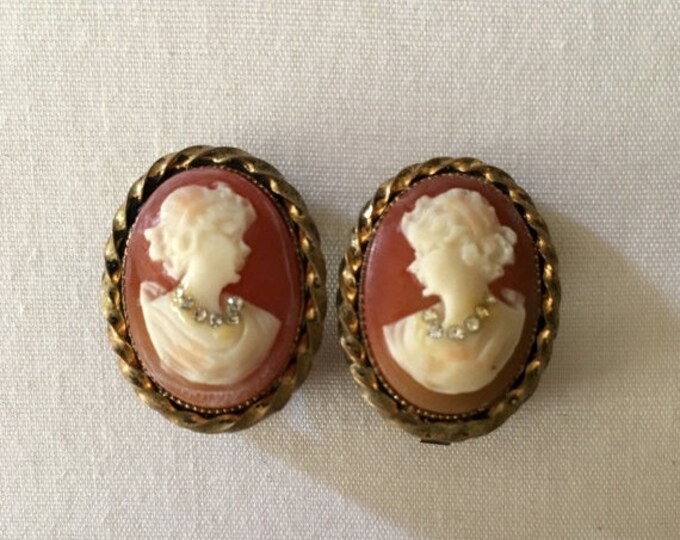 Storewide 25% Off SALE Vintage Gold Tone West German Designer Rose Cameo Earrings Featuring Clear Rhinestone With Rope Trim Accent