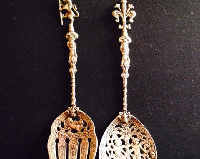 Storewide 25% Off SALE Vintage Mid Century Intricate Cherub Designed Brass Serving Fork & Spoon Featuring Elegantly Detailed Handles With Fi