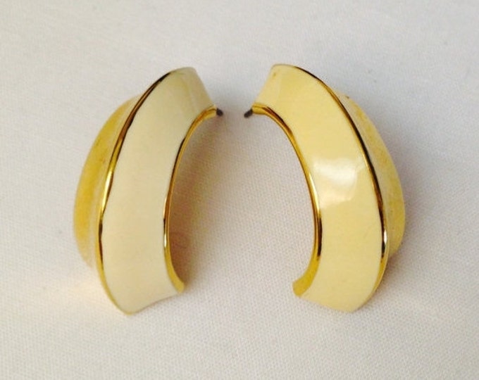 Storewide 25% Off SALE Vintage Gold Tone Monet Designer Signed Pierced Earrings Featuring Elegant Cream Enamel Accented Design