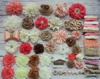 DIY Headband Kit, Baby Shower Headband Kit, DIY Baby Headband Kit, Ivory,Beige,Coral,Peach, Makes 30 PLUS Shabby Chic Headbands,