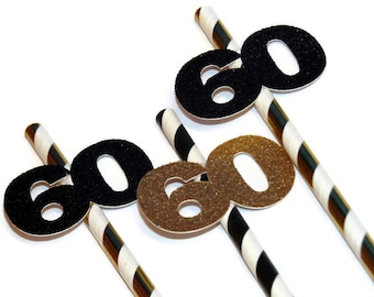 60th birthday decorations, 10CT, Number 60 straws, party straws, sixtieth, sixty decorations, gold and black, glitter