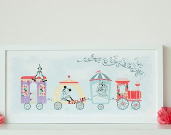 Train,Fairground,Circus,Children's Art,Pretty,Nursery,Print,Whimsical Kid's Picture,Print,Baby gift,Vintage Style Poster,Small, Large