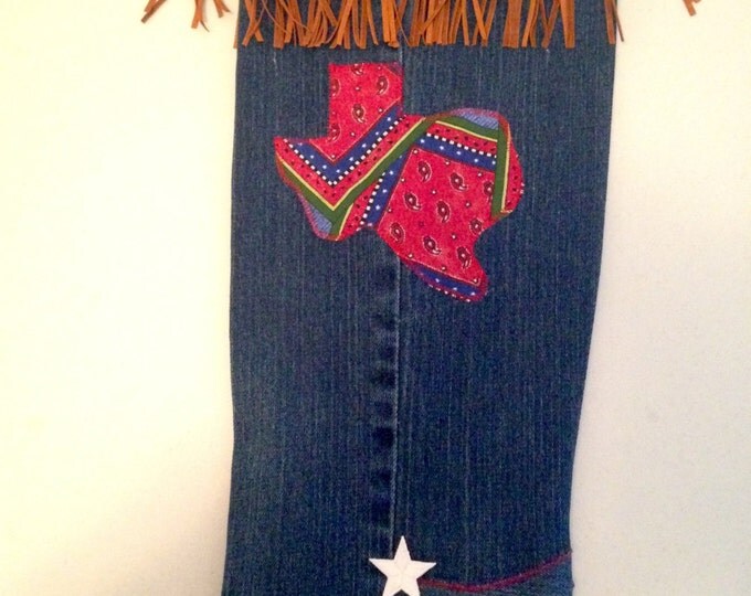 HALF PRICE ** Fringed Southwestern Upcycled Jeans Denim Cowboy Boot Bandana Christmas Stockings. Blue Jean Stocking
