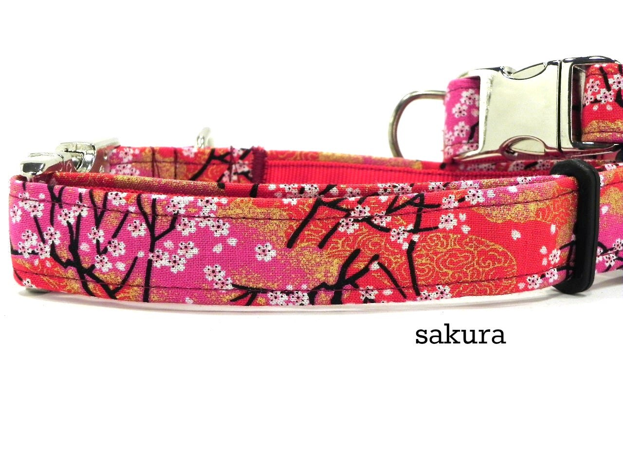 Pretty red floral dog collar KIMONO style Japanese cotton