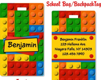 Personalized Kids School Bag ID Tag, Double-sided Bag Tags, Kids Backpack ID Tag, Kids Gym Bag ID Tag, Duffle Bag Identification tag- BLOCK1