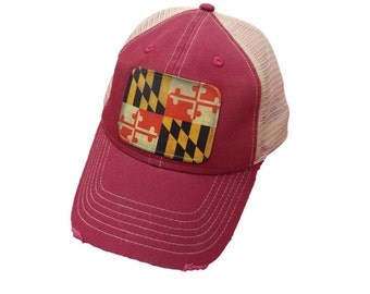 Maryland Flag Distressed Snap Back Trucker Mesh Cap Hat Maroon
