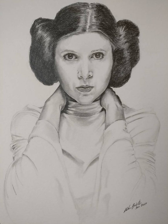 Carrie Fisher as Princess Leia portrait drawing by Mike Milky