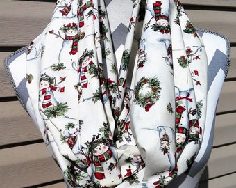 Christmas Scarves, Neck Scarf, Infinity Scarf, Womens Scarves, Birds/Snowman, Fashion Scarves, Loop Scarf, Circle Scarf, Ladies Clothing,