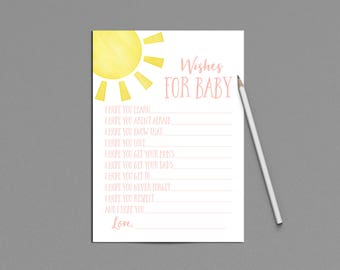 Sunshine Wishes for Baby Shower Game Printable Instant Download, I Hope You Words of Wisdom for Mom to be, You are my Sunshine, Pink Yellow