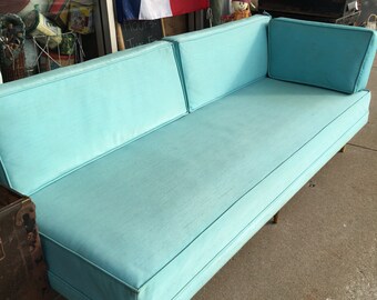 Retro home Danish Modern teal vinyl sofa with 2 cushions atomic legs apartment office living