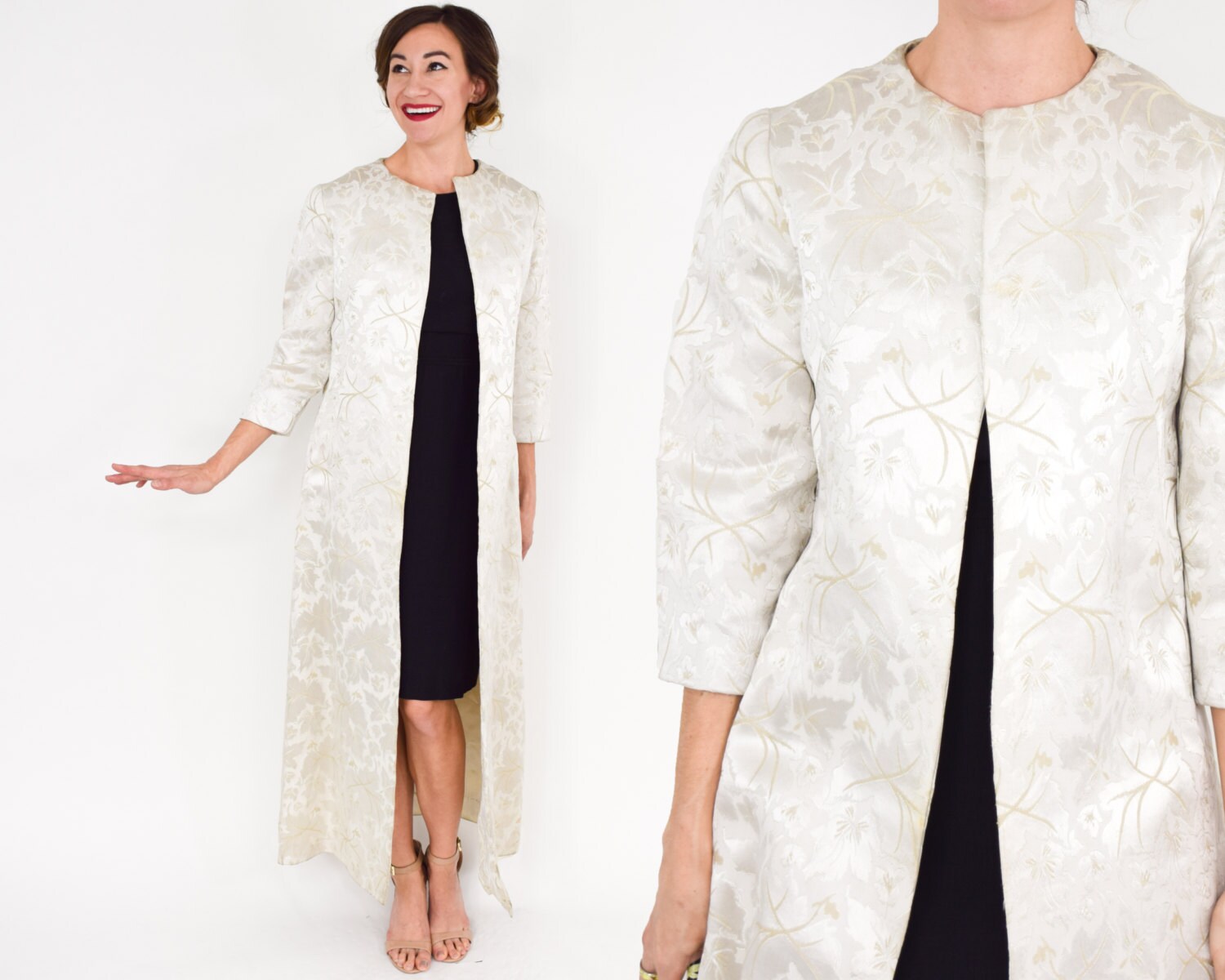 60s White Brocade Evening Coat Long Wedding Coat Brocade