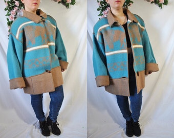 Vintage 80s Oversized Wool Coat Blue Southwestern Winter Coat Ethnic Blanket Jacket Native Slouchy Jacket Long Warm Hippie Western Coat