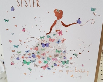 To a Special Sister on your Birthday butterfly card, Pretty butterfly dress Sister card, Sending love today and always Sister birthday card