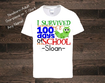 I survived 100 days of school 100th day of school celebration T-Shirt Shirt One Piece Bodysuit Personalized Name Custom Boy 100th day
