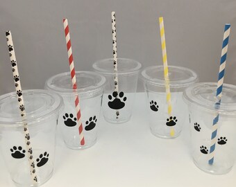 Paw Patrol Party Cups with Lids and Straws, Plastic Paw Print Party Drink Cups with straws