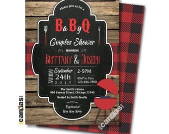 BABY Q INVITATIONS, Bbq Baby Shower, Co-Ed Coed Couples bbq Neutral Gender Barbecue Wood Rustic Chalkboard Red Plaid Diy or Printed Bs241