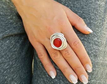 Silver ring, Red ring, Wrapped stone ring, Adjustable ring, Statement ring, Gift for her, Cocktail ring, Bridesmaid ring, Fashion ring.