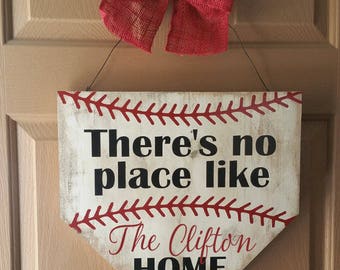 Baseball home plate door hanger - Baseball wreath - Baseball home plate sign - There's no place like home - Personalized door sign