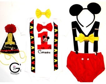 Mickey Mouse 1st Birthday Smash Cake Party Outfit Photo Prop Bow Tie Hat Baby Toddler Boys Bottoms FREE EARS