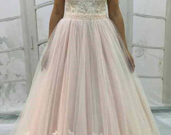 Blush Light-As-Air Vintage Inpired Blush wedding dress,Tulle Skirt with lace flowers,Lace Back with Buttons,corset with lace flowers
