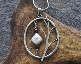 Sterling Silver Pendant with Freshwater Pearl and Garnet