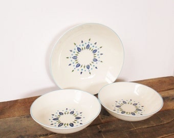 Serving Bowl and 2 Soup Bowls by Stetson Marcrest in the Swiss Alpine Pattern. Mid-Century Modern Blue and Green China.