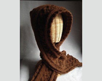 Alpaca Hooded Scarf - Hand-knit - with Celtic Cables - Chestnut Brown
