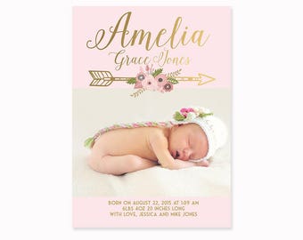 Baby Girl Birth Announcement Faux Gold Foil and Pink Floral Baby Announcement Card, Printed Announcement