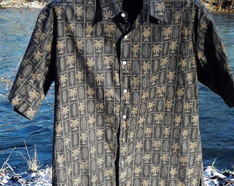 L TORI RICHARD Black & Bronze Palm Tree and Frond Print Shirt Large Tori Richard Black and Bronze Floral Large Black Tori Richard Gold Palm