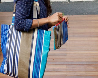 Waxed cotton TOTE BAG.Patxi Tote Bag. Blue stripes shoulder bag.Sac toile basque enduite.