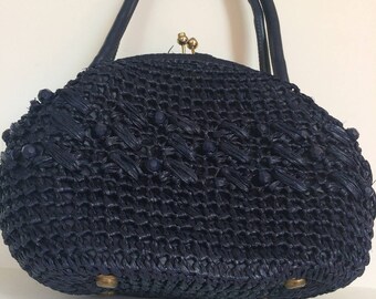 1950's 60's vintage retro handbag navy blue beaded