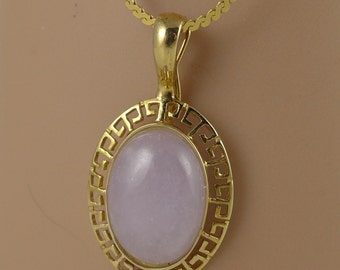 Gold Jade Necklace, Vintage Gold Lavender Jade Necklace, Greek Key Pendant Necklace