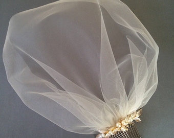Tulle Birdcage Veil, Bridal Fascinator, Wedding Headdress, Bridal Hair piece, Gold Hair Comb, Blusher Veil, Champagne Ivory Blush Veil