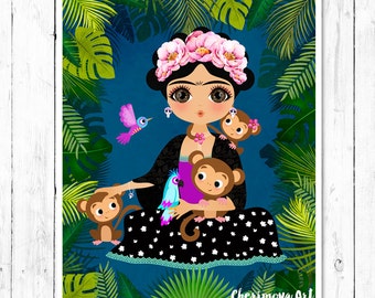 Frida Kahlo Wall Art Frida Kahlo Poster Frida Art Print Mexican Folk Art Poster Girls Wall Art Whimsical Art Dorm Decor Kids Gifts