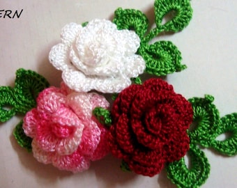 CROCHET ROSE PATTERN, Crochet flower pattern, Crochet mini rose with leaves pattern, Crochet rose applique pattern, Digital- pdf pattern