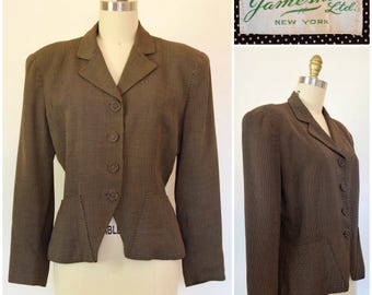 Vintage 40s 50s Jacket/ Brown & White Polkadot Rayon Wasp Waist Blazer/ 1940s-50s Nipped Suit Jacket w/ Covered Buttons/ Jameshire, New York