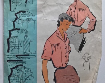 Fabulous 50's French Vintage Sewing Pattern : Woman Shirts Short & Long Sleeves size 16/taille 44 - Patrons Modeles 100107