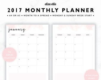 2017 MONTHLY PLANNER / A4 Calendar / 2017 Planner / Planner Inserts / Printable Planner / Calendar / The Lola Planners in Peony / 414