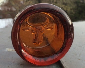 Swedish amber art glass / ashtray bowl head ox/ Erik Höglund /Kosta Boda / 1960s / Scandinavia