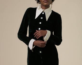 Vintage Forest Green Velvet Mini Dress // Button Front Wednesday Addams Style Dress with Satin Collar and Cuffs // Youth Quake Brand