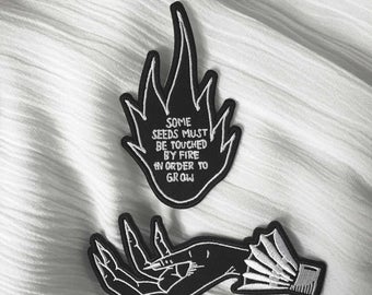 Touched By Fire - PATCH SET - gothic victorian hand with flame - embroidered patch - iron on - witch patch - witch patches - witchy