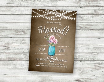 Rustic Wedding Save The Date, Vintage Wedding, Wedding Save the Date, Mason Jar Wedding Invitation, String Light Wedding 5x7 - Printable